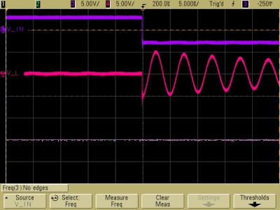 Decaying oscillations in underdamped LRC circuit, V_L, V_R, negative half cycle, expanded